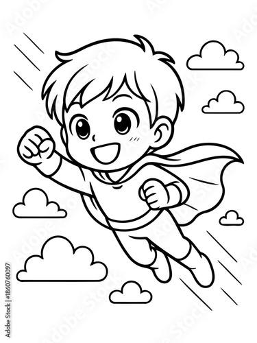 Superhero Boy Soaring Skyward: A spirited young superhero takes flight, cape billowing against the backdrop of fluffy clouds and streaks of motion, capturing imagination and courage.