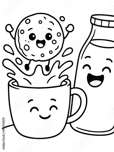 Delightful Duo: A cartoonish depiction of a happy cookie joyfully leaping into a steaming cup, alongside a smiling milk bottle, exuding fun and whimsy.