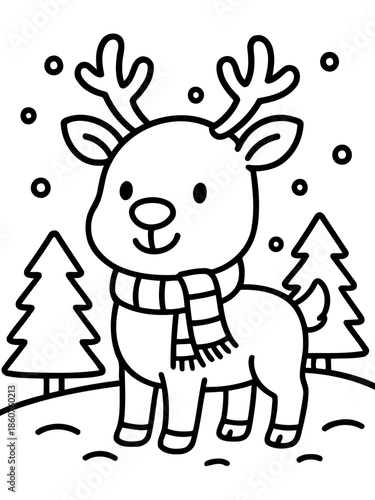 Festive Reindeer in Winter Wonderland: A cheerful reindeer, adorned with a cozy scarf and charming antlers, stands amidst a snowy landscape, celebrating the winter season and holiday spirit.