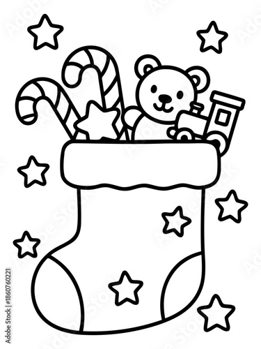 Christmas Stocking with Treats: A festive stocking overflowing with traditional holiday treats and ornaments. Filled with candy canes, teddy bears, and a star-shaped ornament.