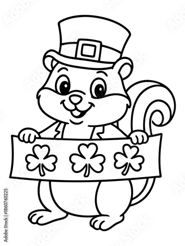 Leprechaun Squirrel: Adorable squirrel character donning a leprechaun hat, holding a banner adorned with shamrocks, embodies St. Patrick's Day spirit in a playful illustration.