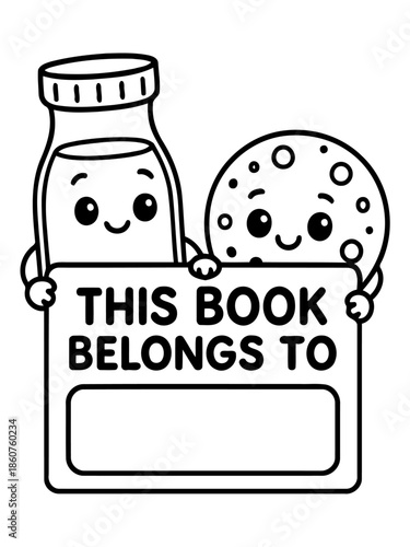 Sweet Treats Sharing: A delightful duo of a milk bottle and a cookie, holding a sign This Book Belongs To, in this heartwarming illustration invites readers to cherish the precious books they possess.