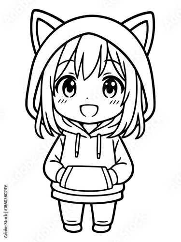 Anime Girl in Hoodie: An adorable anime-style girl sporting a cat-ear hoodie, radiating charm and playfulness. Perfect for various creative projects.