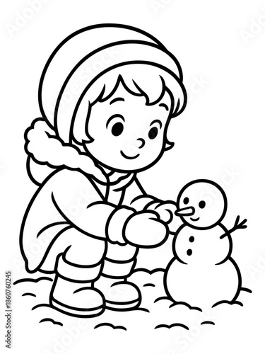 Winter Wonderland Creation: A young child joyfully builds a snowman. A scene of winter, the creation of a snowman. Capturing the simplicity and happiness of childhood and the magic of winter.