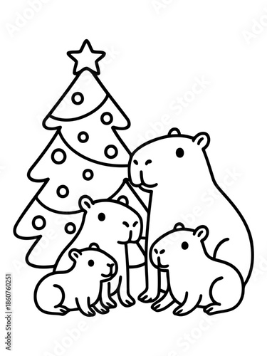 Capybaras Christmas illustration: An illustration depicts a heartwarming scene of capybaras gathered around a Christmas tree, creating a cheerful atmosphere.