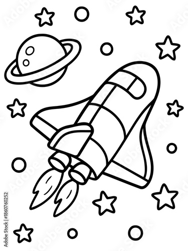 Cosmic Adventure: An illustrated spaceship soars amidst the stars and planets, embarking on an interstellar journey through the endless expanse of the cosmos.