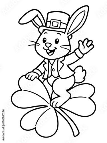 Lucky Charm: A cheerful rabbit, dressed in festive attire, sits atop a large, lucky four-leaf clover, embodying the spirit of celebration and good fortune.