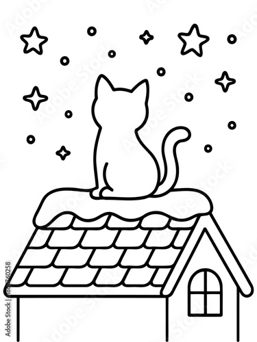 Cat on Roof: A charming silhouette of a cat sits atop a snow-covered roof under a starry sky. This minimalist illustration captures a sense of winter tranquility and the warmth of a cozy home.