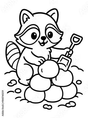 Raccoon with shovel and snowball: A charming illustration featuring a raccoon meticulously building a pile of snowballs with a shovel, exuding an air of innocent winter playfulness. 