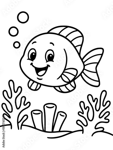 Animated Fish in the Coral Reef: A charming cartoon fish swims playfully through a vibrant underwater scene. Bubbles and coral amplify the aquatic environment