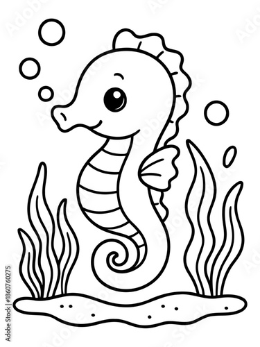 Cute Seahorse illustration: A charming illustration of a whimsical seahorse swims gracefully amidst the underwater plants. The scene is brimming with detail and personality.