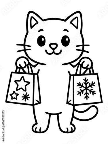 Cute Kitty Carrying Shopping Bags: An adorable kitty joyfully clutches two shopping bags, the perfect illustration of seasonal cheer and the joy of gifting. 