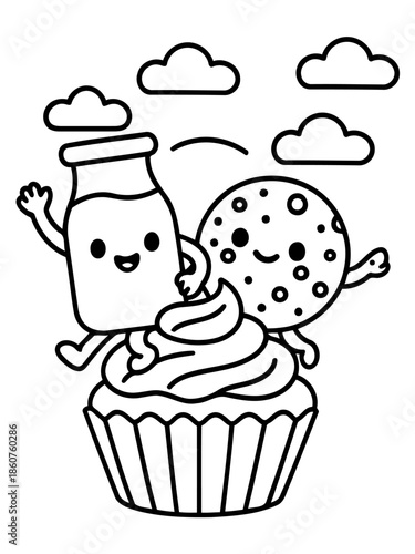 Milk and Cookie's Sweet Delight: A cheerful milk carton and a friendly cookie leap atop a whimsical cupcake, dancing playfully amidst fluffy clouds. A delightful illustration.