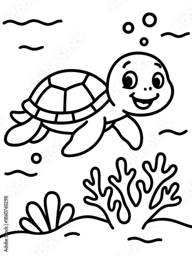 Smiling Turtle's underwater Journey: A friendly turtle gracefully swims through the ocean, with the waves above and coral reefs below. A depiction of peaceful underwater world. 