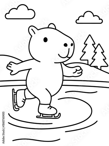 Ice Skating Capybara: A delightful illustration of a capybara gliding gracefully on ice skates, enjoying a winter activity, with simple but charming details and an open style.