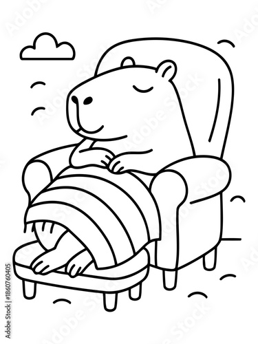 Capybara's Serene Retreat: A cheerful capybara, snug and serene, finds solace in a cozy armchair, wrapped in a striped blanket and enjoying a moment of peacefulness. 