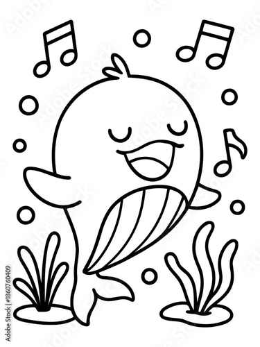 Melodic Whale's Harmony: A charming line art depiction of a whale, joyfully singing amidst musical notes and aquatic plants, embodies the essence of melodic harmony