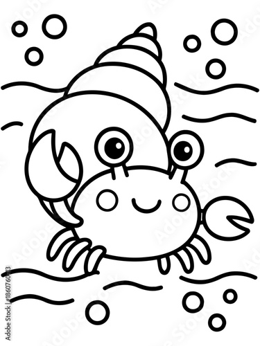 Hermit Crab Illustration: A charming, outlined illustration of a hermit crab in its shell, exuding a friendly demeanor with a gentle smile, surrounded by bubbles. 