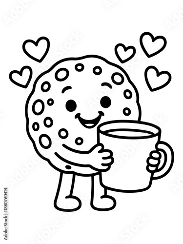 Cute Cookie Love: An adorable animated cookie character joyfully embraces a warm beverage with heart shaped affection, portraying sweetness and delight.
