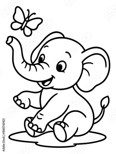 Joyful Elephant's Playtime: An adorable elephant cub and butterfly interact in playful moment, this scene captures the simple joys of nature and childhood in a delightful line art illustration.