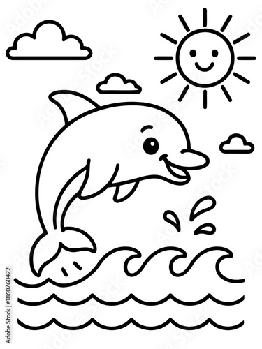 Joyful Dolphin's Seaside Adventure: A charming illustration portrays a playful dolphin leaping from the ocean waves beneath a smiling sun and fluffy clouds.