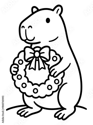 Festive Capybara: A delightful capybara, radiates festive cheer with a decorative wreath adorned in a cartoon illustration.