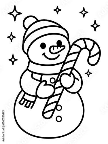 Cheerful Snowman with Candy Cane: A charming snowman, adorned with a hat and scarf, gleefully holds a candy cane, surrounded by twinkling stars. It's a joyful illustration.
