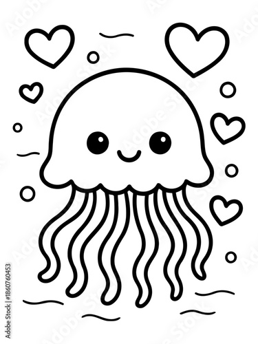 Jellyfish with love: An illustration depicting a happy jellyfish adorned with hearts, creating a whimsical and loving atmosphere.