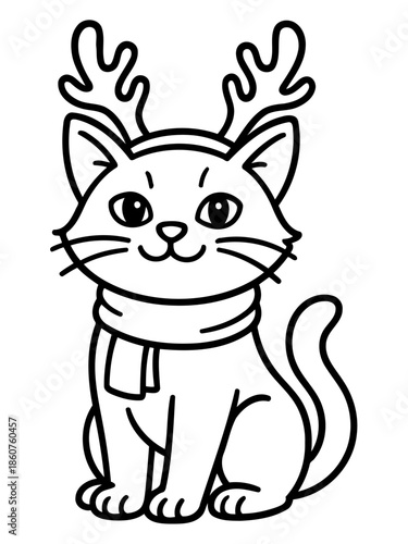Festive Feline with Antlers: A charming cartoon cat, adorned with whimsical reindeer antlers and a cozy scarf, exudes holiday cheer and playful spirit.
