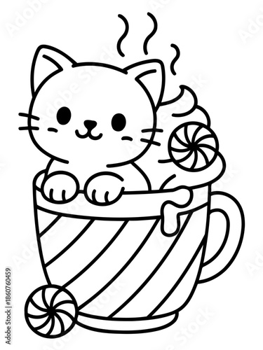 Cozy Cat's Caffeine Comfort: A charming illustration depicts a cute cat nestled snugly inside a striped mug overflowing with a sweet treat, creating a cozy and inviting scene.