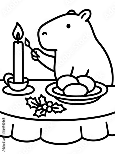 Capybara with Candle: An adorable capybara, depicted in an illustration, is lighting a candle near a plate of food, all set on a table, creating a warm, festive mood. 