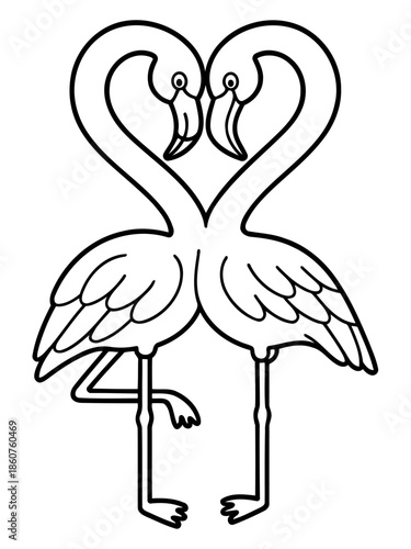 Flamingos in Love: Two flamingos, their necks intertwined, form a perfect heart, symbolizing love and connection, set against a crisp backdrop.