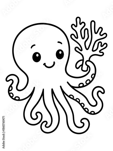 Adorable Octopus with Coral: A charming monochrome illustration of a cheerful octopus, playfully holding a delicate piece of coral. A delightful addition to any creative project.