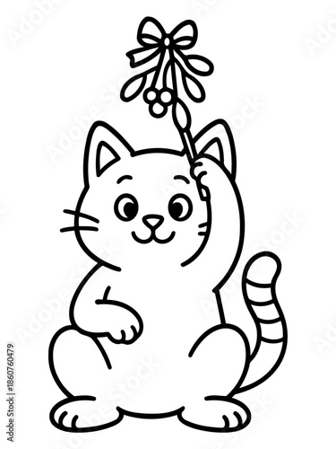 Festive Feline with Mistletoe: An adorable cat, filled with holiday cheer, playfully reaches for a sprig of mistletoe, symbolizing the season's joy and togetherness.