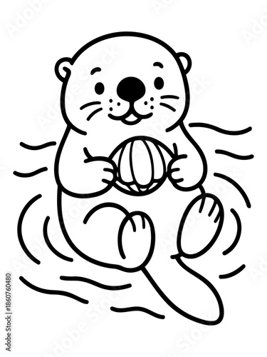 Playful Otter with Ball: A charming cartoon otter floats playfully, cradling a ball, its features radiating joy and amusement. A perfect illustration for children's books and educational materials.