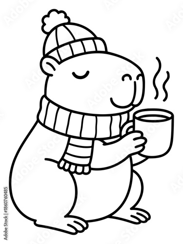 Cozy Capybara with Warm Drink: An endearing capybara, adorned with a cozy hat and scarf, embraces the warmth of a steaming mug, embodying comfort and serenity in winter