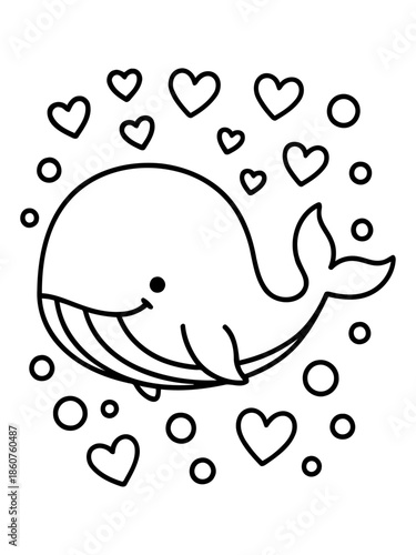 Whale Love: An illustration features an adorable cartoon whale surrounded by hearts and bubbles, perfect for conveying themes of affection, tenderness, and oceanic charm. 