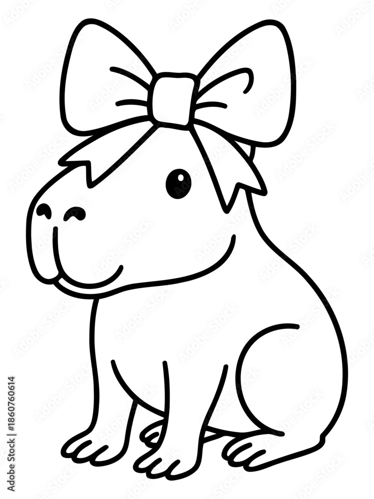 Naklejka premium Capybara with Bow: A charming illustration captures the delightful image of a capybara adorned with a decorative bow, radiating joy and cuteness.