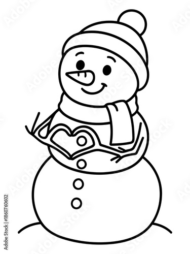 Snowman in Winter Love: A cheerful snowman, adorned with a hat and scarf, forms a heart with its hands, embodying the spirit of winter and affection.