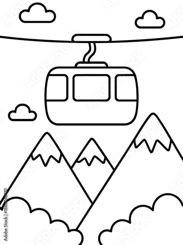 Cable Car Above Mountain Peaks: A minimalist monochrome illustration of a cable car suspended high above towering mountain peaks and fluffy clouds, promising an adventure through the clouds