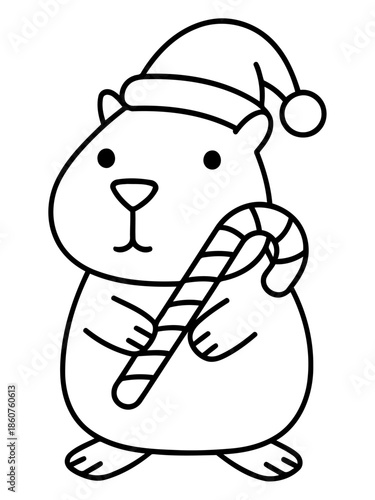 Hamster Christmas Illustration: A cheerful hamster joyfully embraces the festive season, adorned in a santa hat and holding a candy cane, embodying the spirit of yuletide cheer.