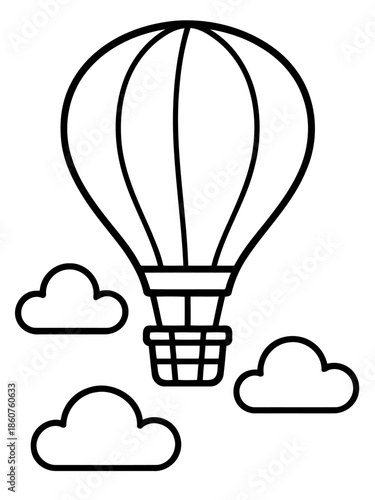 Air Balloon in Sky: A line art illustration depicts an air balloon floating amidst fluffy clouds, inviting viewers to explore the concept of travel, freedom, and dreams.