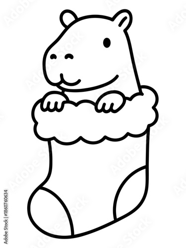 Capybara Christmas Surprise: A delightful line art illustration features a cheerful capybara peeking out from a festive Christmas stocking, ready for the holidays.