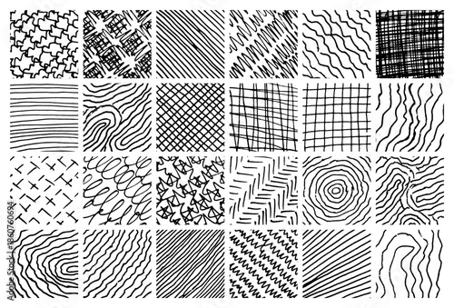 Set of monochrome hand-drawn crosshatch textures