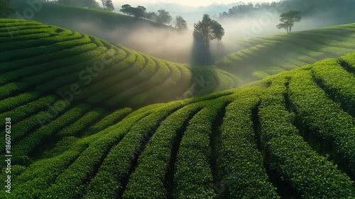 Rolling green tea plantations bathed in morning mist and sunlight, creating a serene landscape with undulating patterns.
