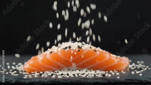 Close-up of fresh raw salmon fillet being sprinkled with white and black sesame seeds on a dark background, ready for cooking.
