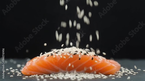 Sesame seeds being sprinkled over a fresh piece of raw salmon fillet on a dark background.