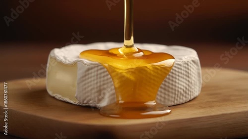 Golden honey being poured over a round wheel of soft white cheese on a rustic wooden board.