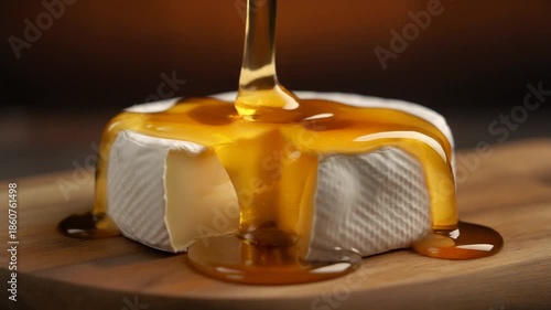 Golden honey being generously drizzled over a round of soft white cheese on a wooden board.