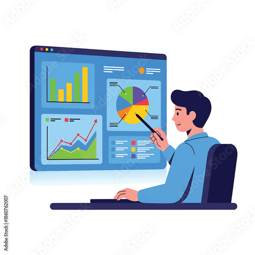 Modern business analyst presenting data insights in clear vector illustrations, showcasing various charts and graphs on a digital screen for strategic reporting and decision-making